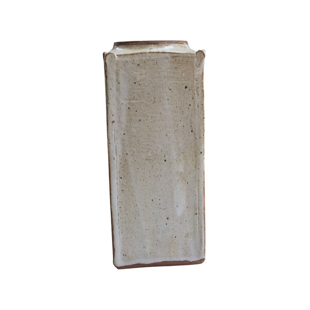 Heavy Stoneware Clay Urn Vase Rustic Floral Rectangular Brown & Beige Glaze - Picture 2 of 13